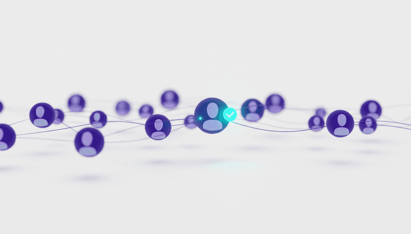 A network of connected people profiles with one verified contact highlighted